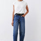 White short-sleeve crewneck tuck-in tee, tucked into blue jeans