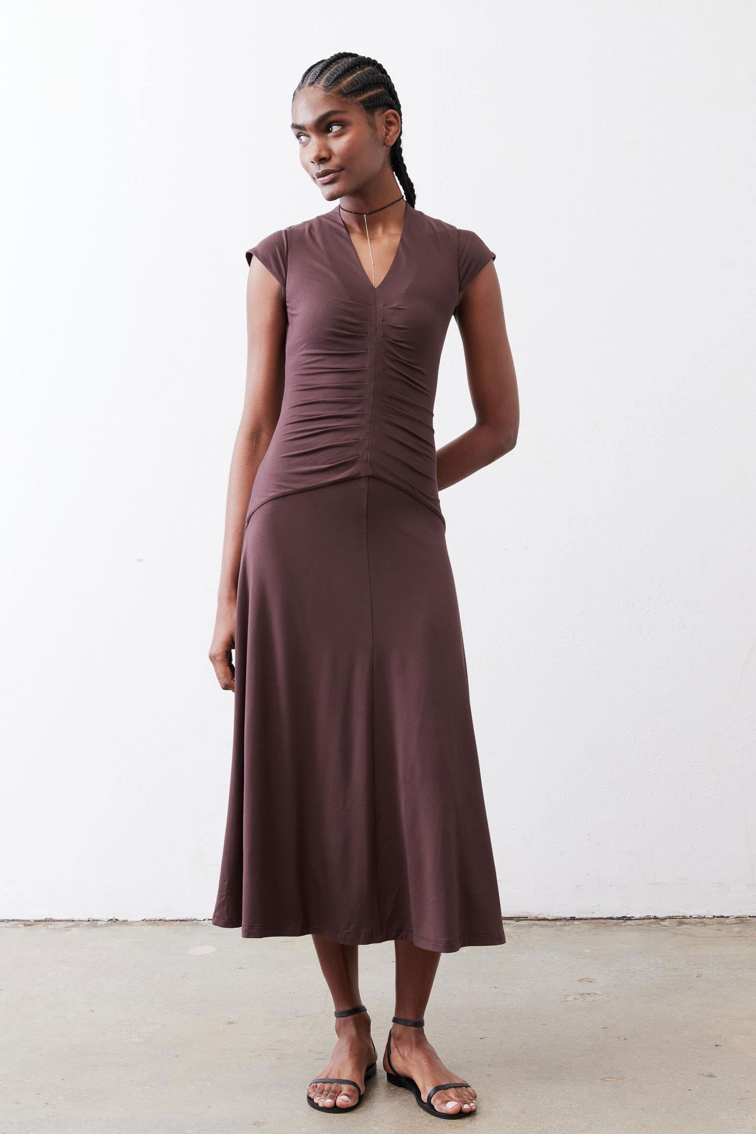 midi ruched dress The Ruched Midi Dress Chocolate / M