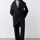 Black shawl-collar scuba coat with draped wrap front and long sleeves