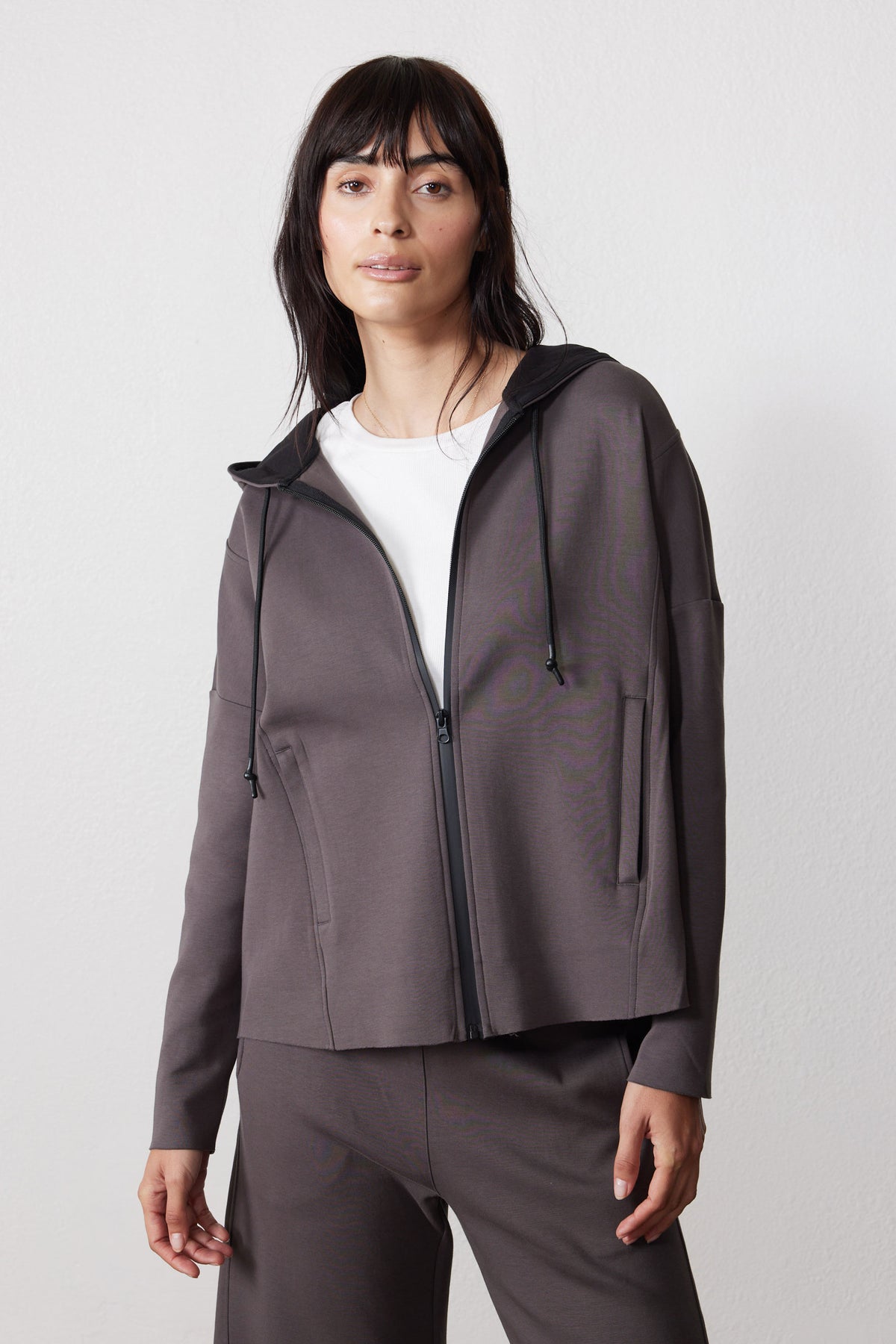 Storm gray scuba hoodie zipped up, with front pockets and long drawstrings.