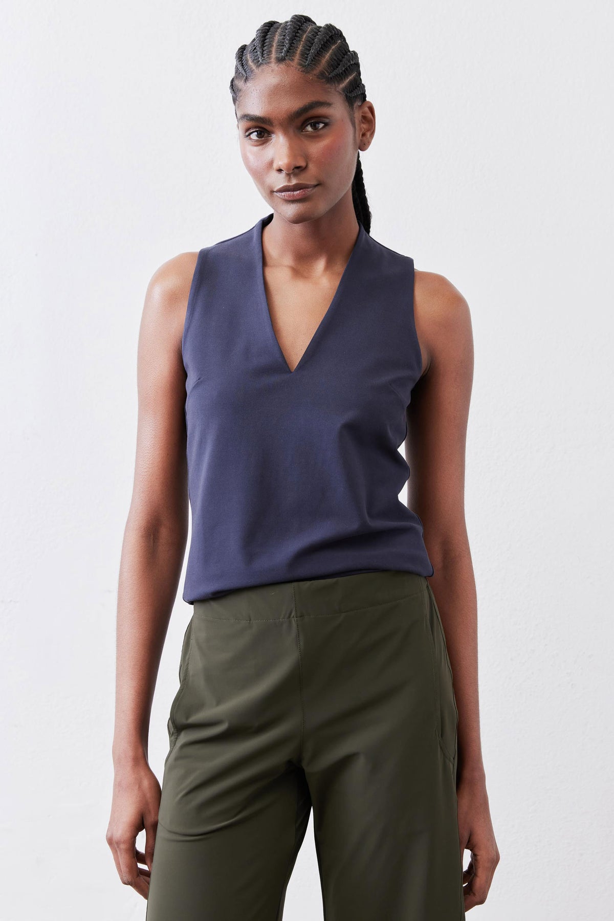 Sculpted tank top in deep sea blue with V-neck and sleeveless cut