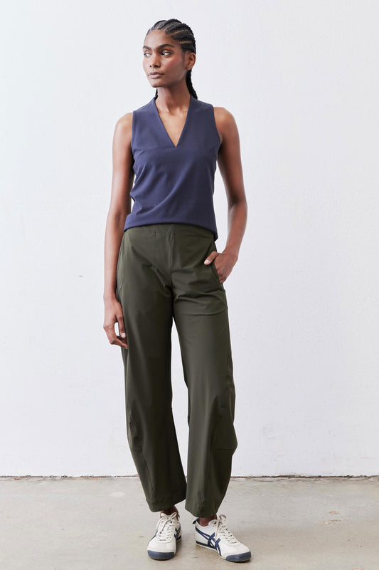 Deep sea blue sculpted V-neck tank top, sleeveless front view