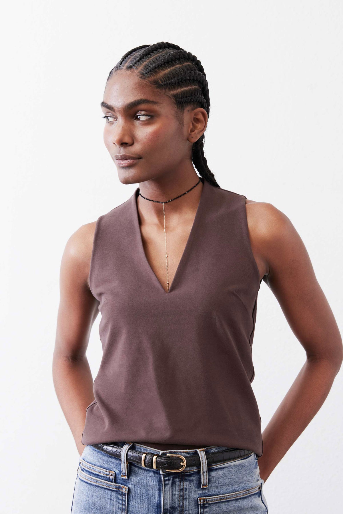 Java brown sleeveless V-neck tank top with tailored side seams