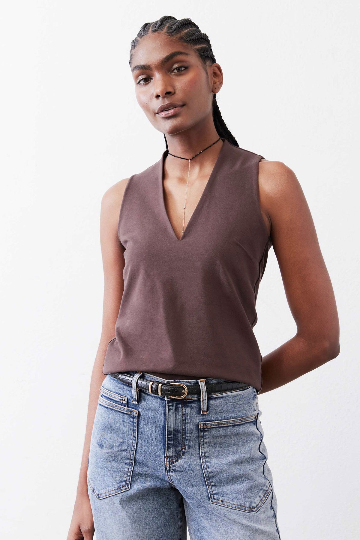 Java brown sleeveless V-neck tank top with sculpted, tailored fit