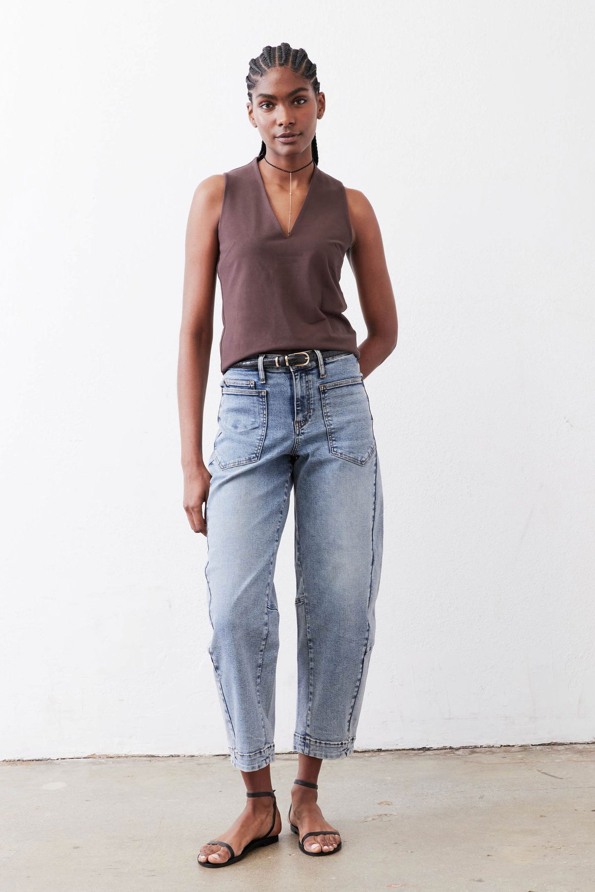 Java brown sleeveless V-neck tank top with fitted waist seam