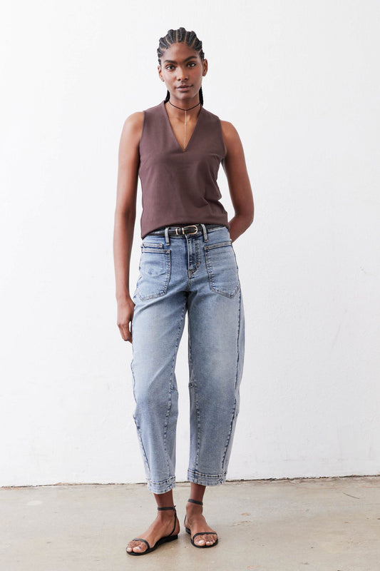Sculpted V-neck sleeveless tank, dark mauve front view, draped hem