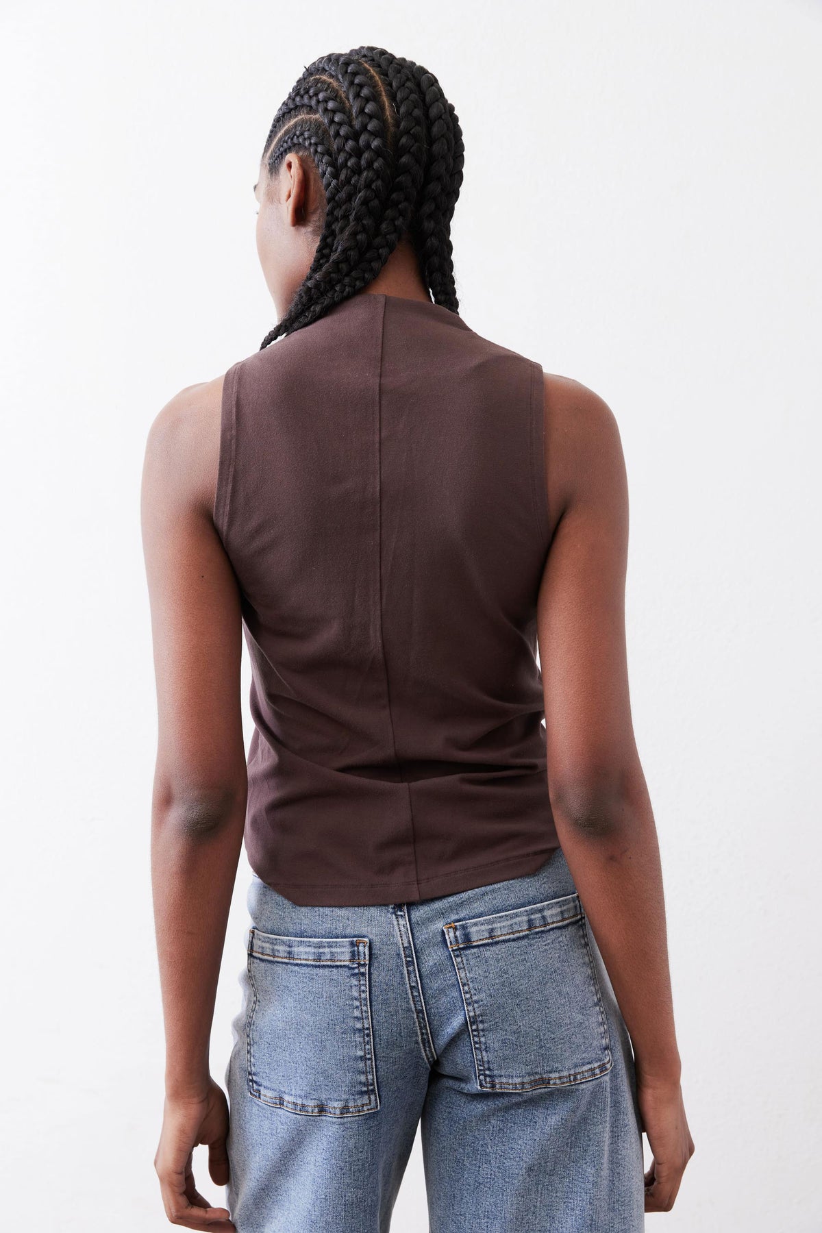 Java brown sleeveless tank top with V-back and draped fit