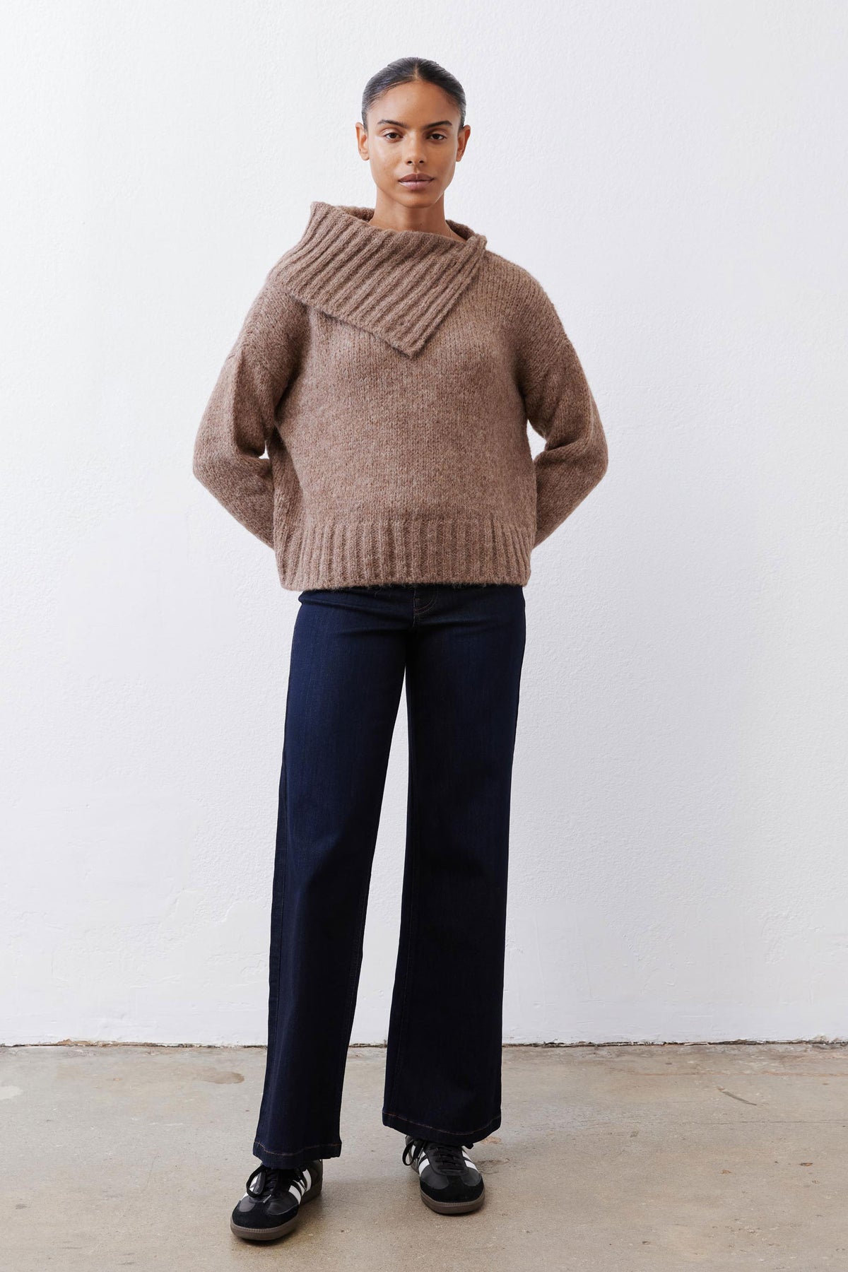 Taupe melange shawl-collar sweater, relaxed fit, worn front view.