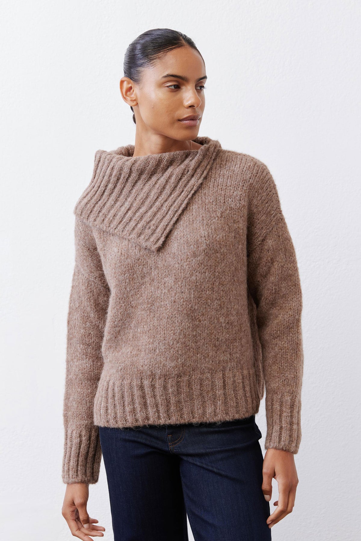 Taupe melange shawl-collar sweater, side view with ribbed knit detailing.