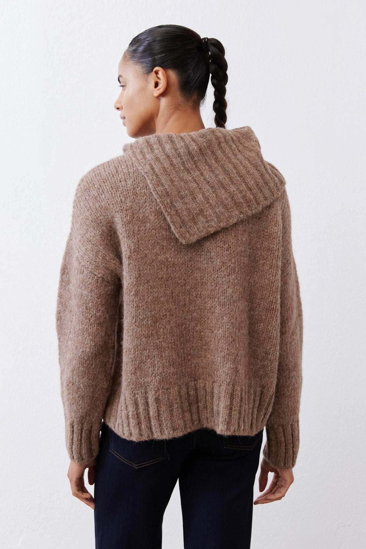Taupe melange shawl-collar sweater, back view with ribbed waistband.