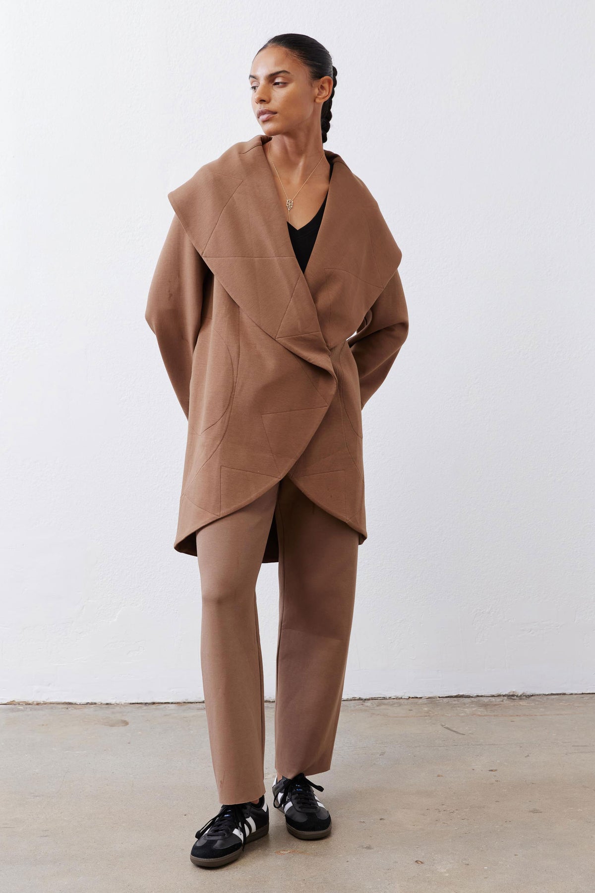 Fawn shawl-collar wrap scuba coat, long sleeves and angled front overlap