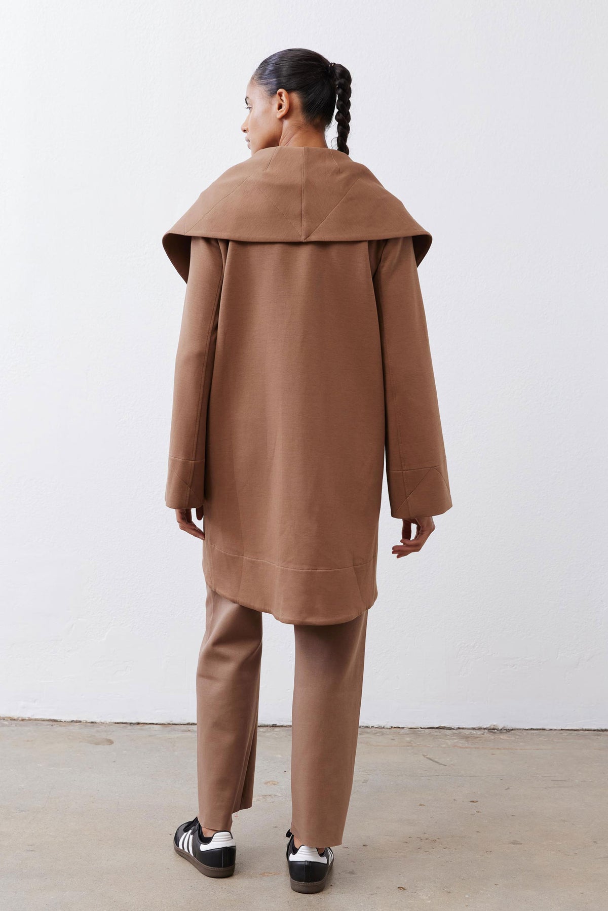 Fawn shawl-collar wrap coat back view with wide collar and relaxed fit