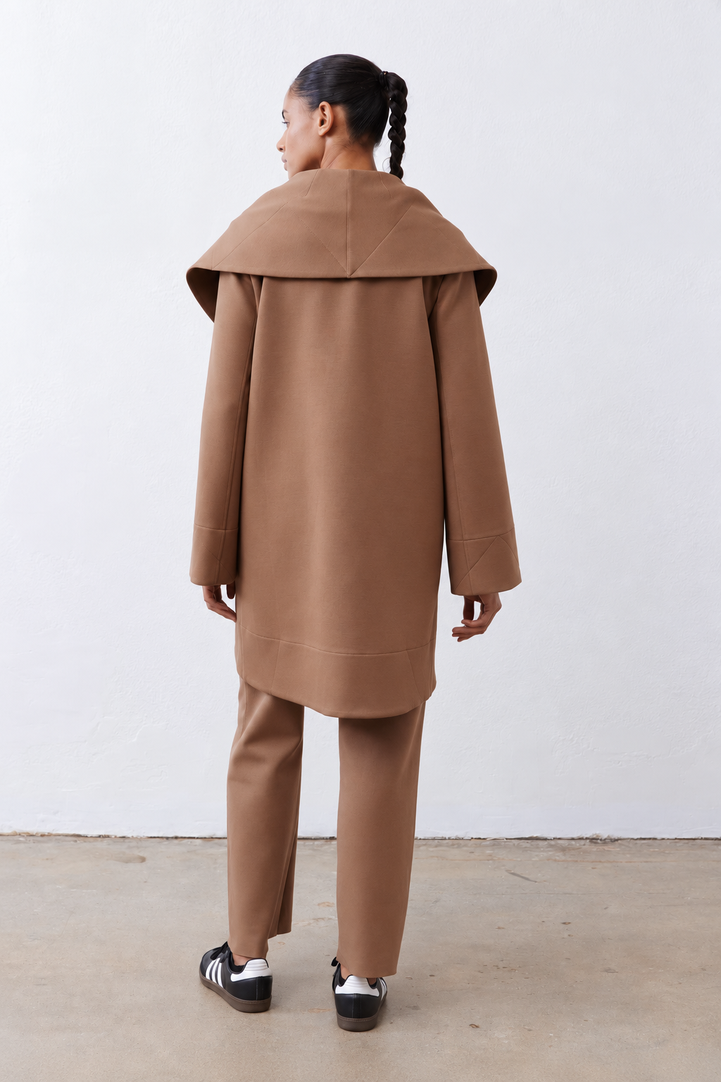 Fawn shawl-collar scuba coat, back view with wide collar and relaxed silhouette