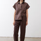Chocolate short-sleeve button-down blouse with point collar and chest pockets