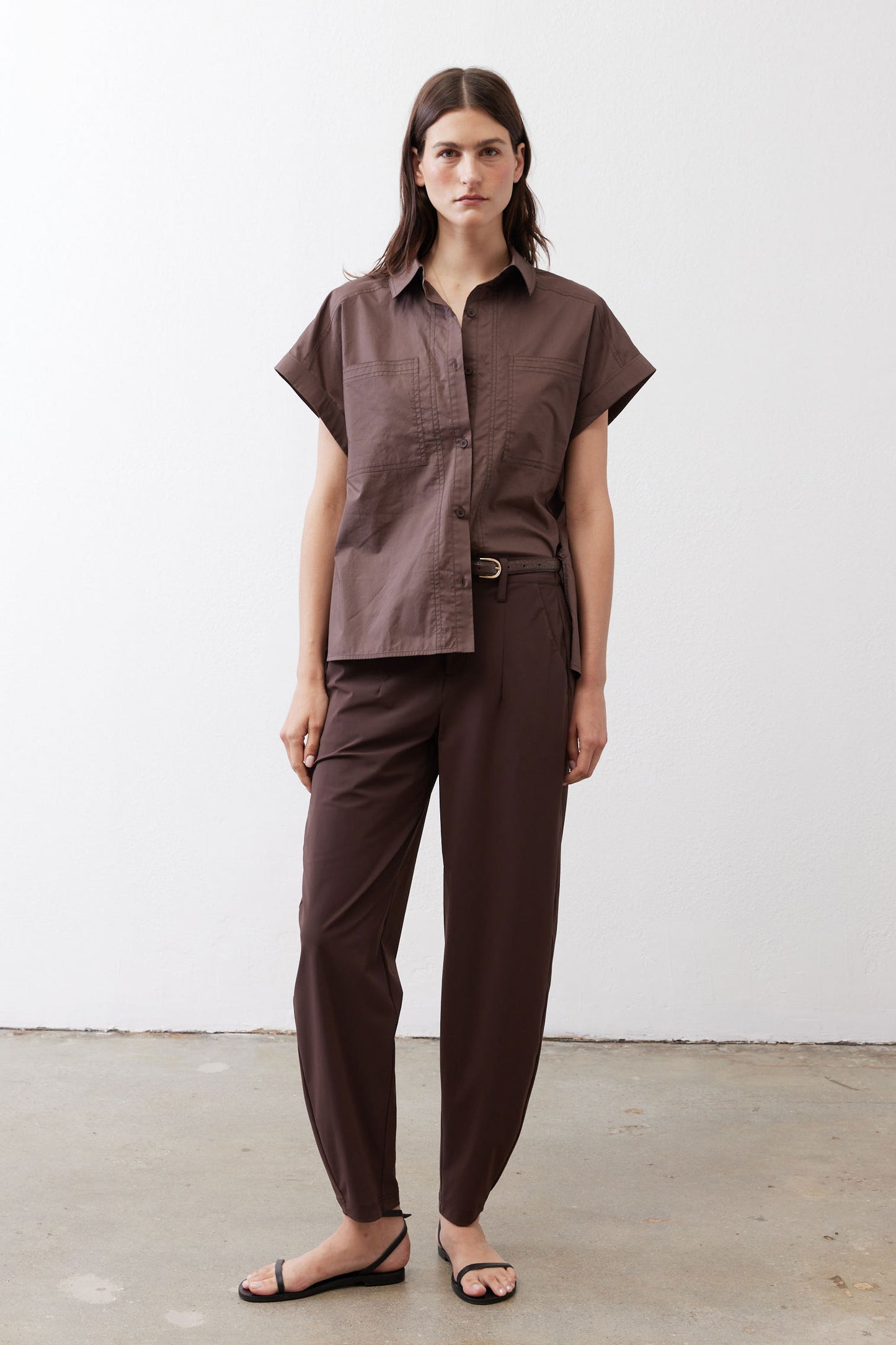 Chocolate short-sleeve button-down blouse with point collar and chest pockets