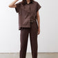 Chocolate short-sleeve button-down blouse with point collar and chest pockets