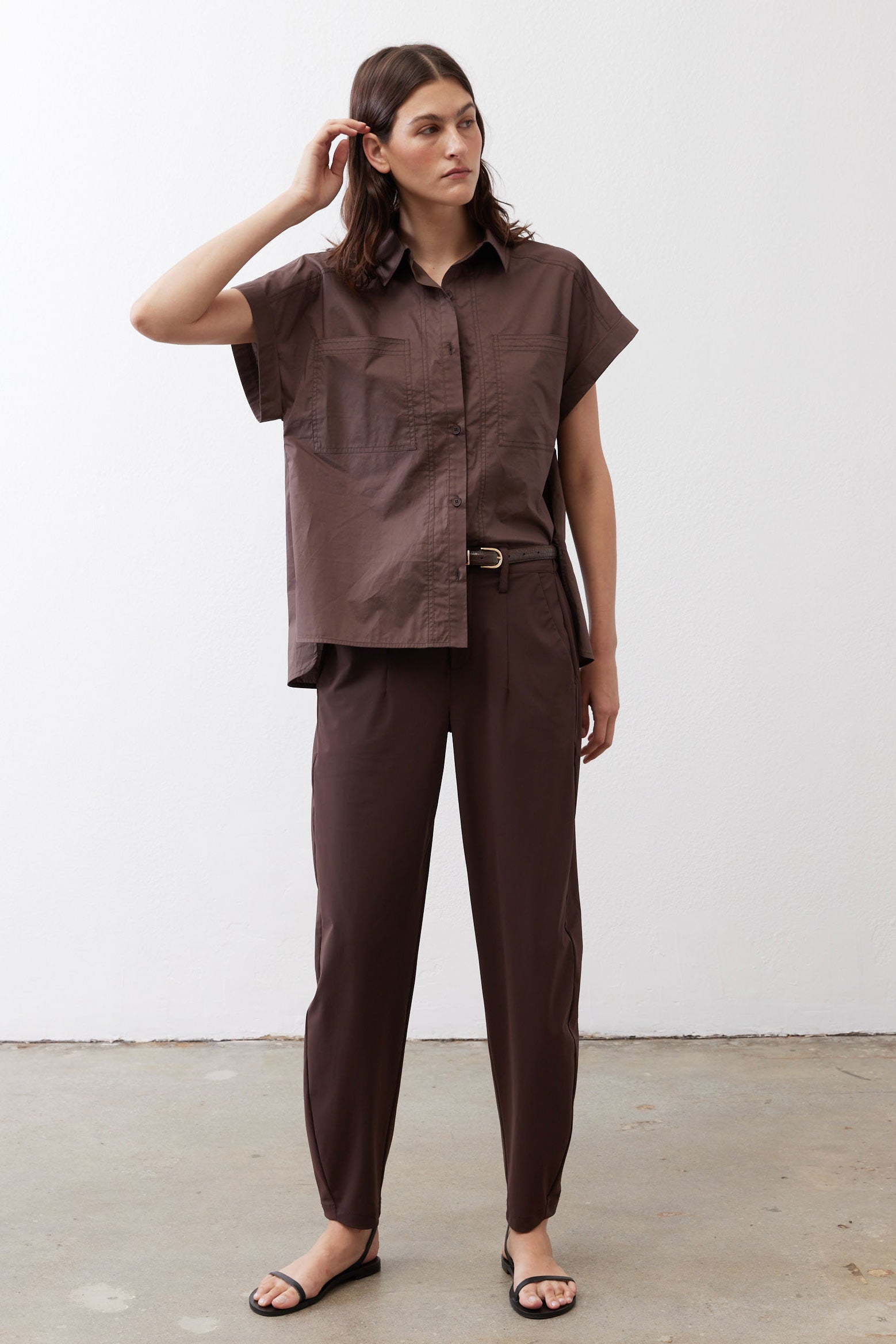 Chocolate short-sleeve button-down blouse with point collar and chest pockets