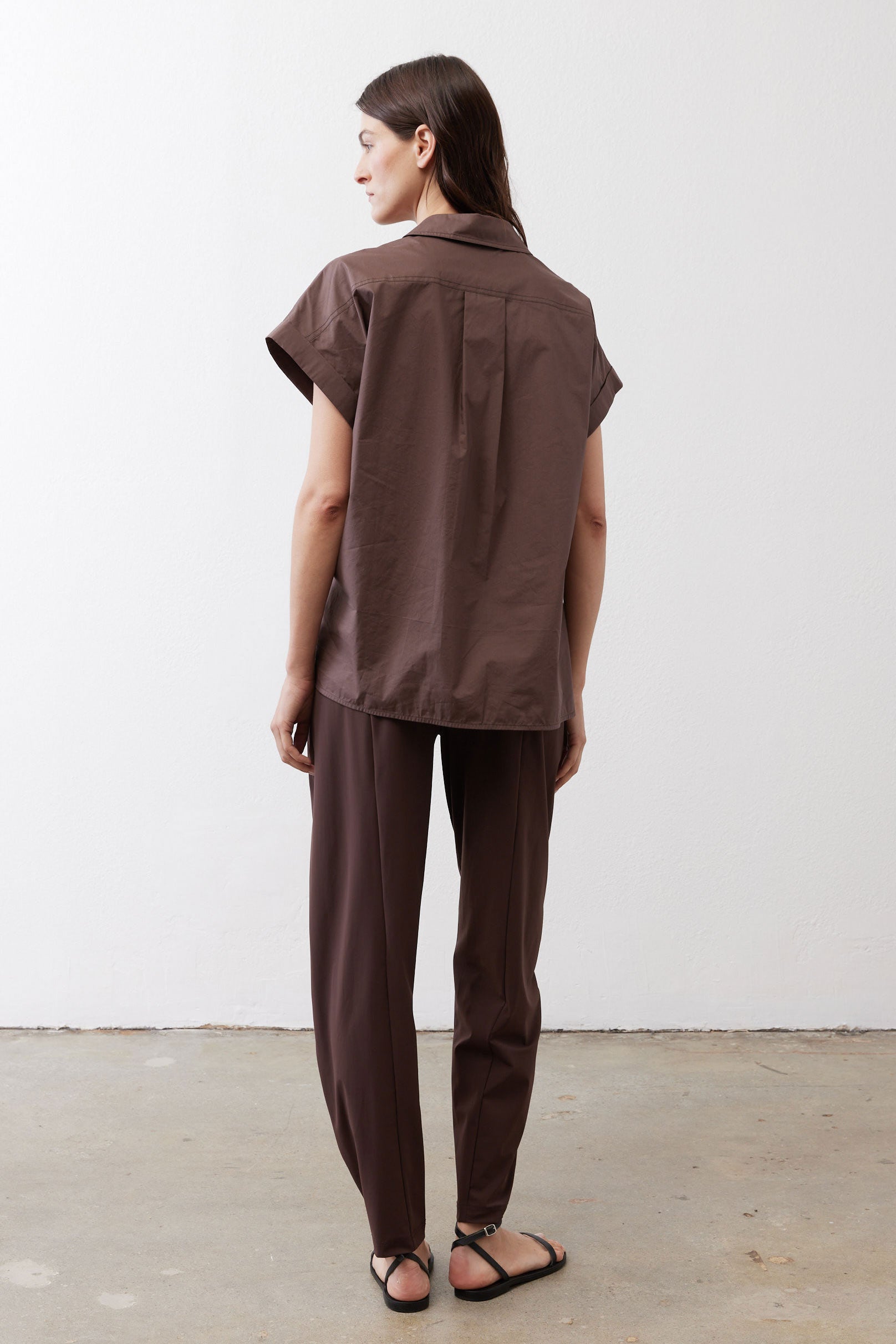 Chocolate short-sleeve button-down blouse back view with yoke seam