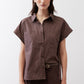 Chocolate short-sleeve button-down blouse with point collar and chest flap pockets