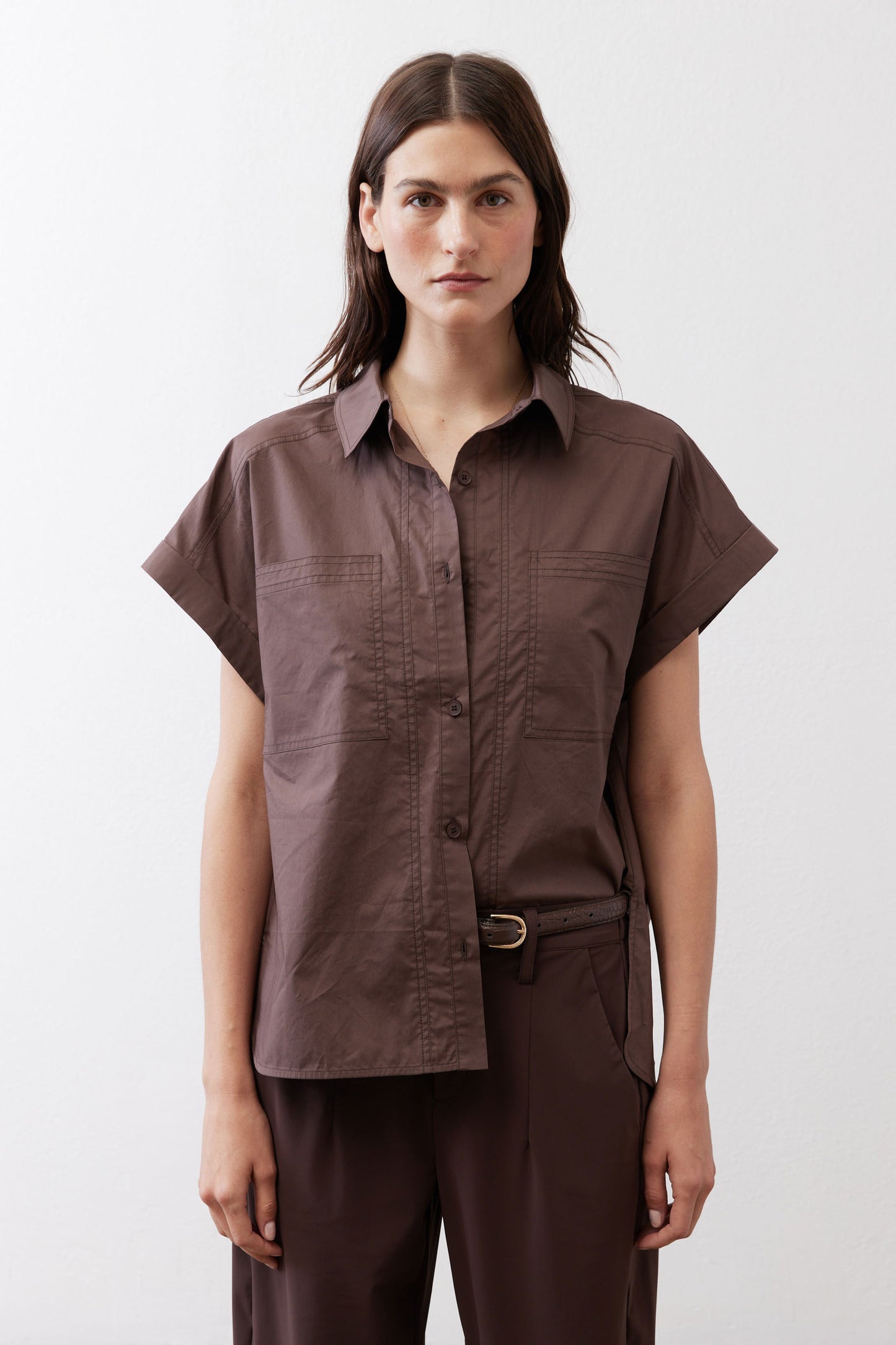 Chocolate short-sleeve button-down blouse with point collar and chest flap pockets