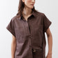 Chocolate short-sleeve poplin button-down blouse with chest pockets and button front