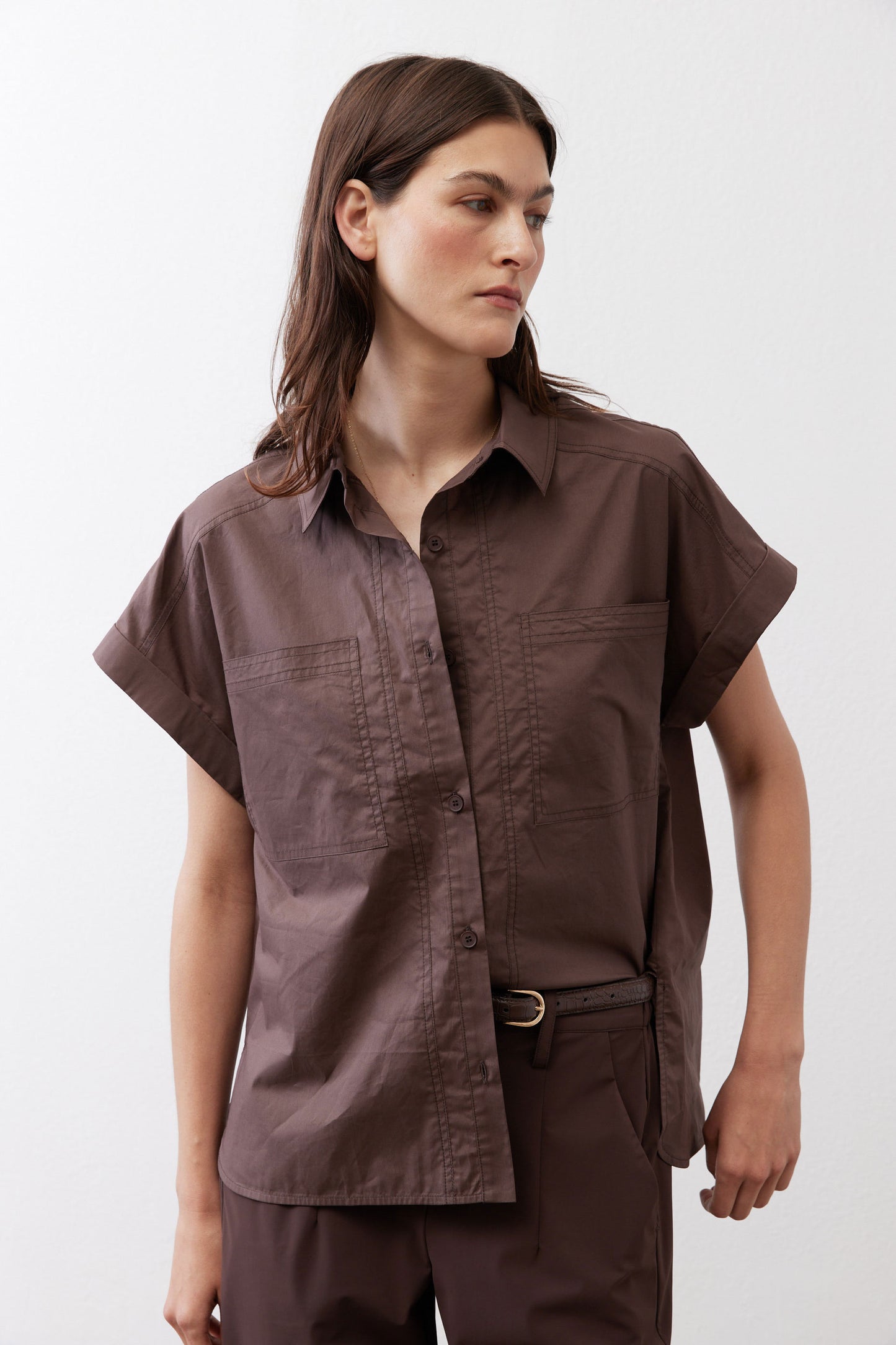 Chocolate short-sleeve poplin button-down blouse with chest pockets and button front