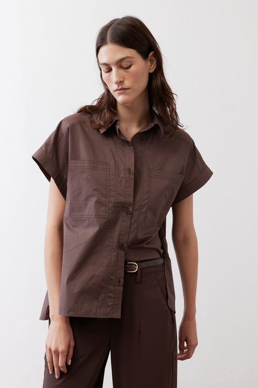 Chocolate short-sleeve button-down blouse with point collar and visible chest pockets