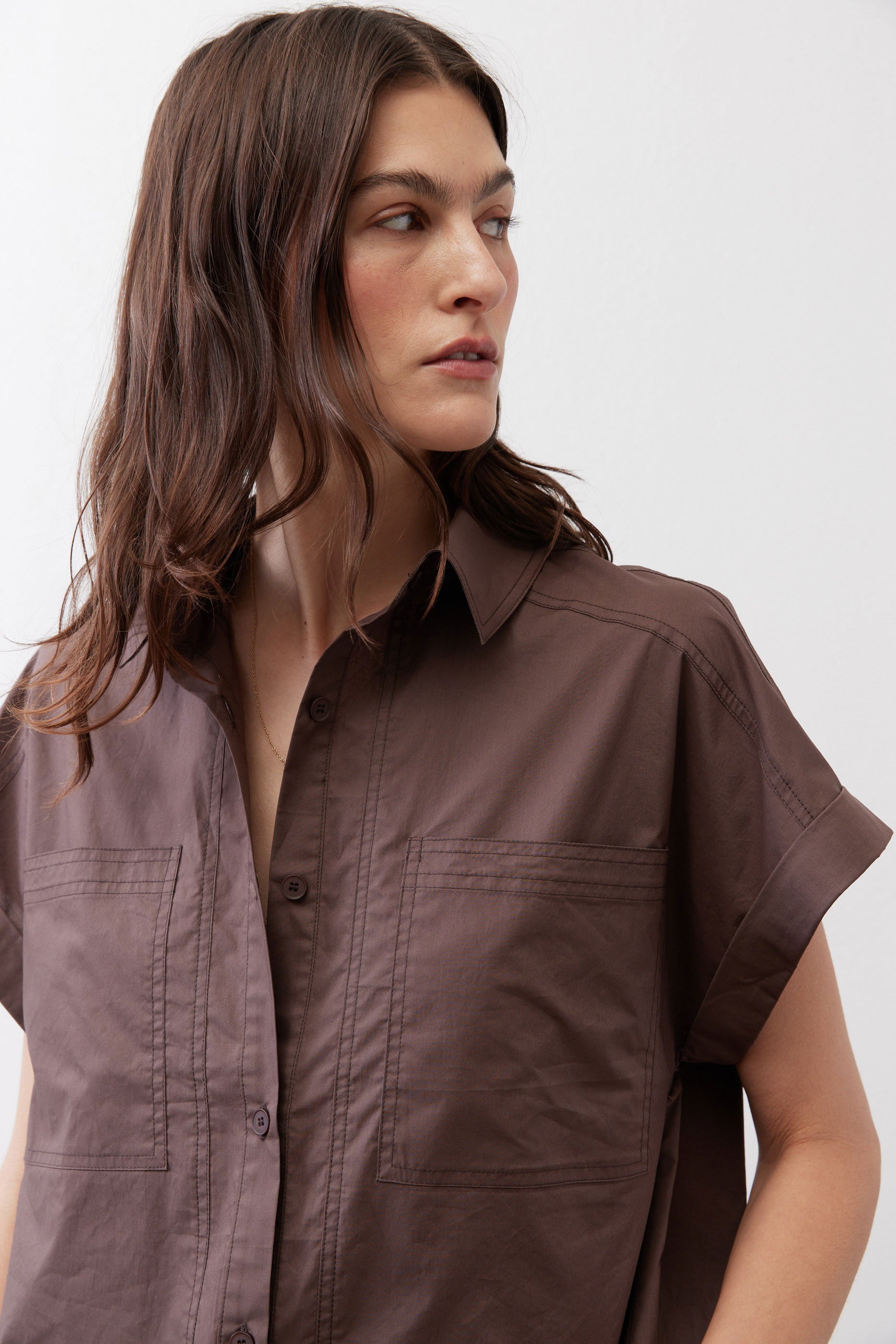 Chocolate poplin button-down blouse close-up with point collar and chest pocket