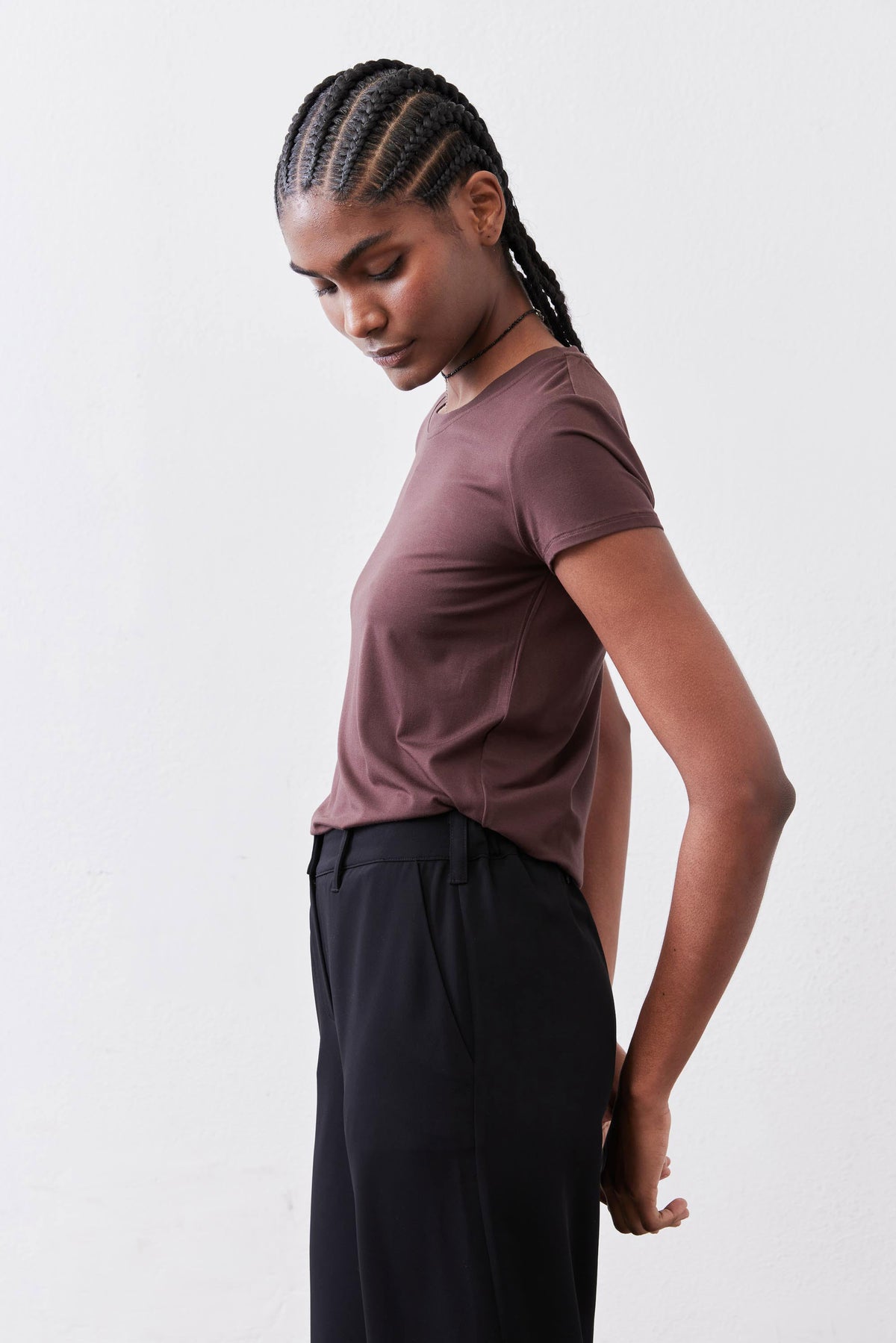 Cocoa short-sleeve crew neck tee, three-quarter side view