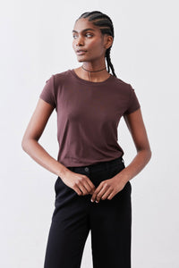 Cocoa short-sleeve crew neck tee with subtle fabric sheen, front view