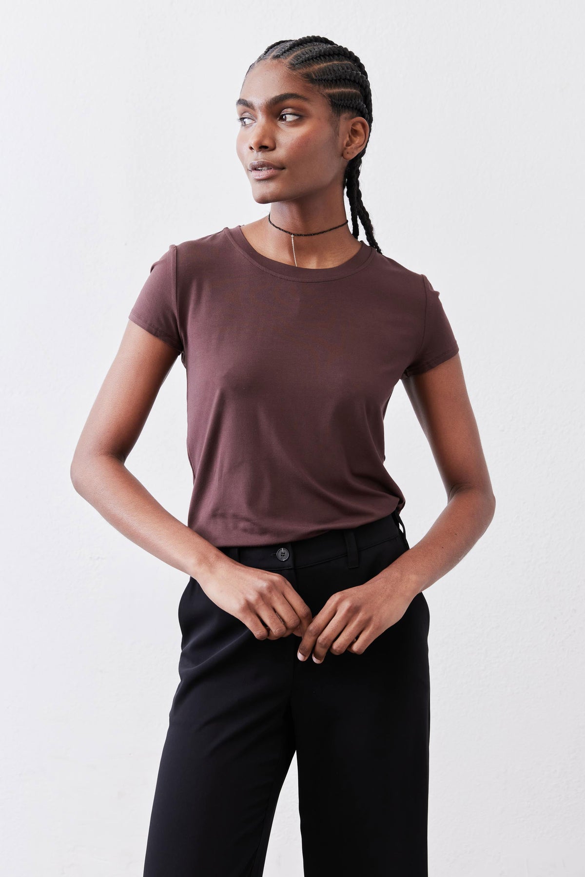 Cocoa short-sleeve crew neck tee with subtle fabric sheen, front view