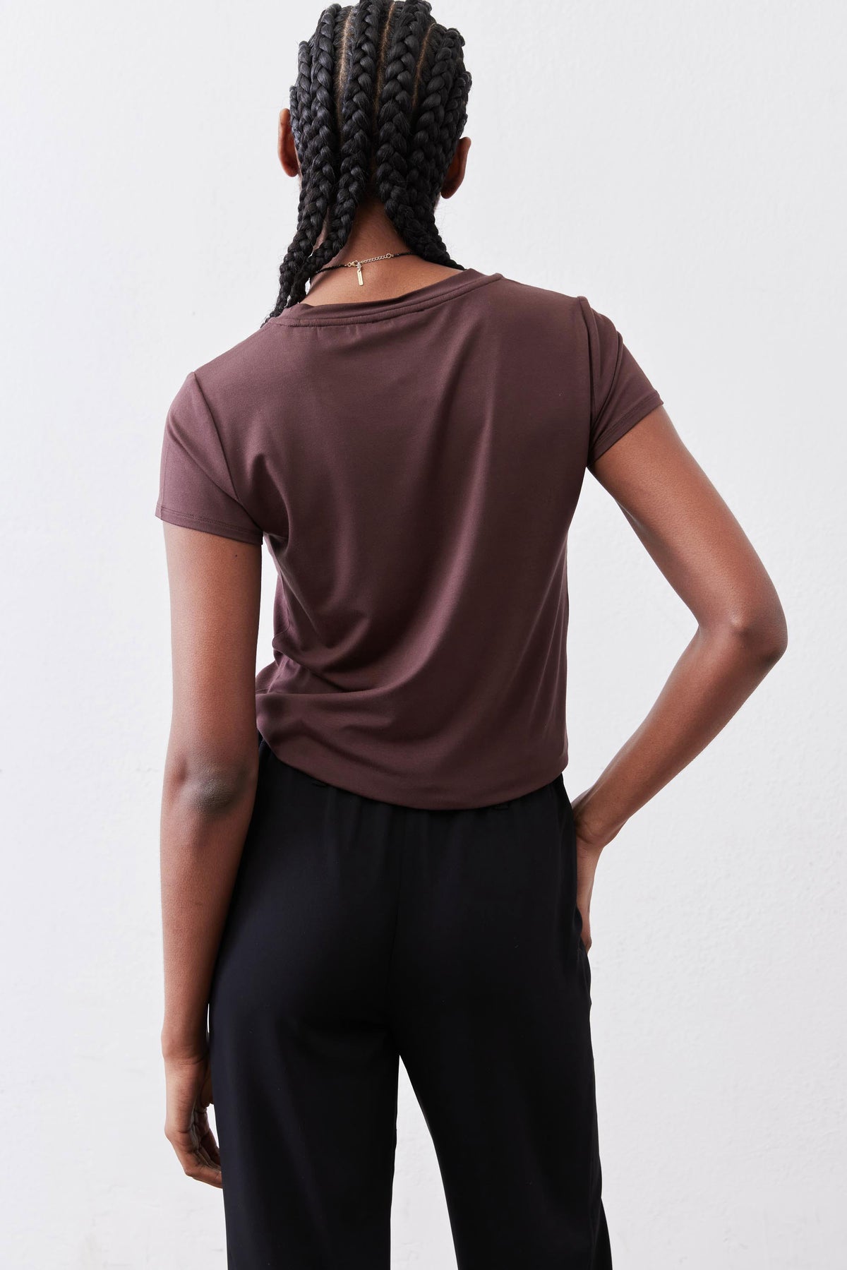 Cocoa short-sleeve crew neck tee shown from the back