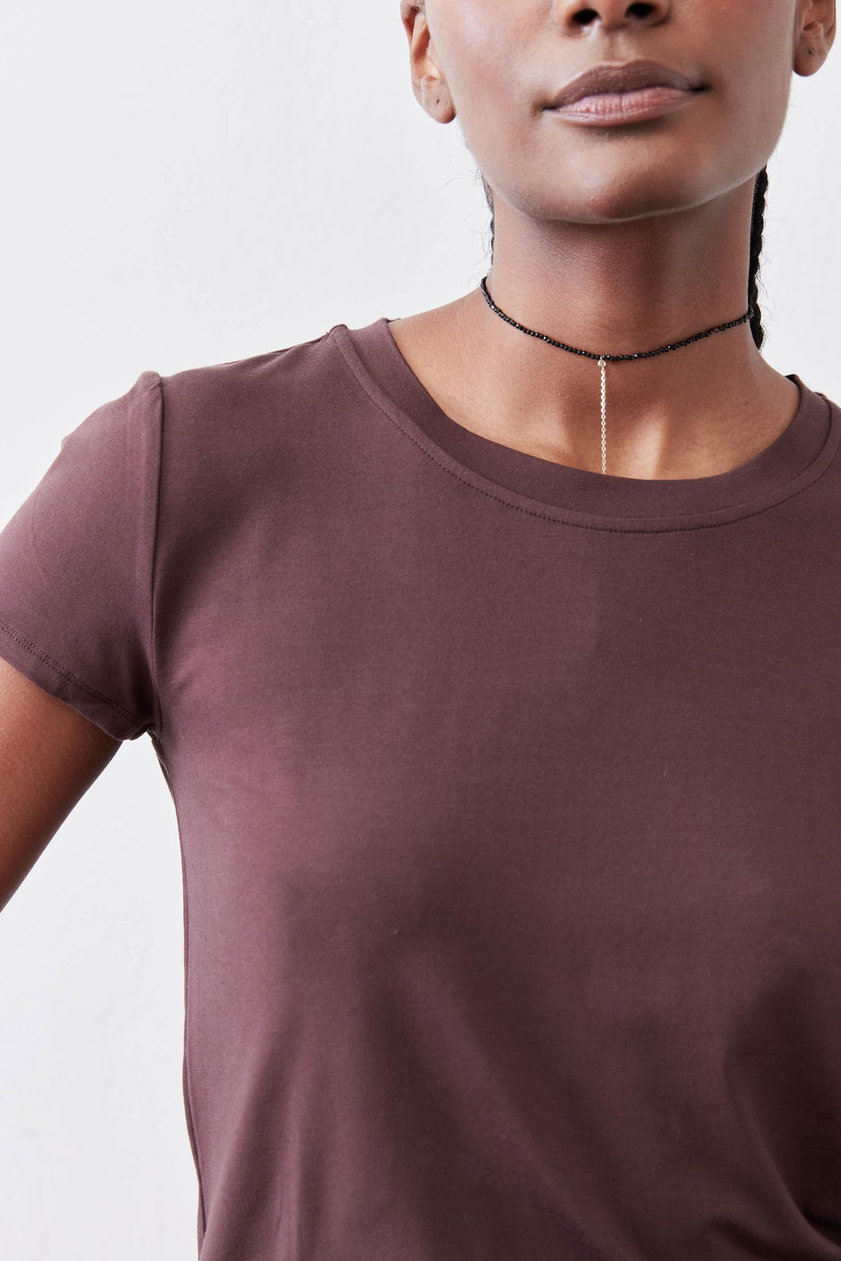 Cocoa crew neck short-sleeve tee with ribbed collar and clean seams