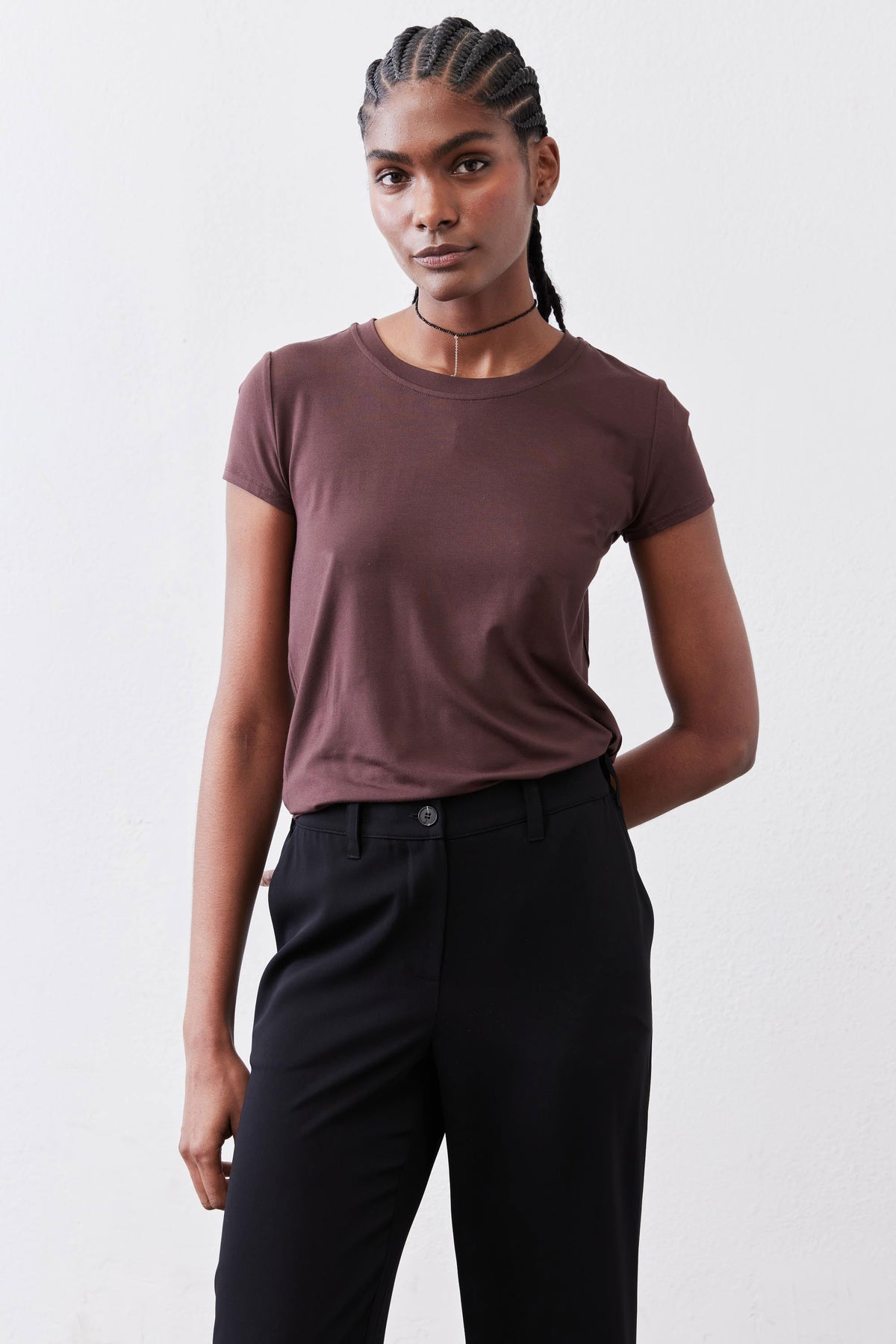 Cocoa short-sleeve crew neck tee, front view with simple styling