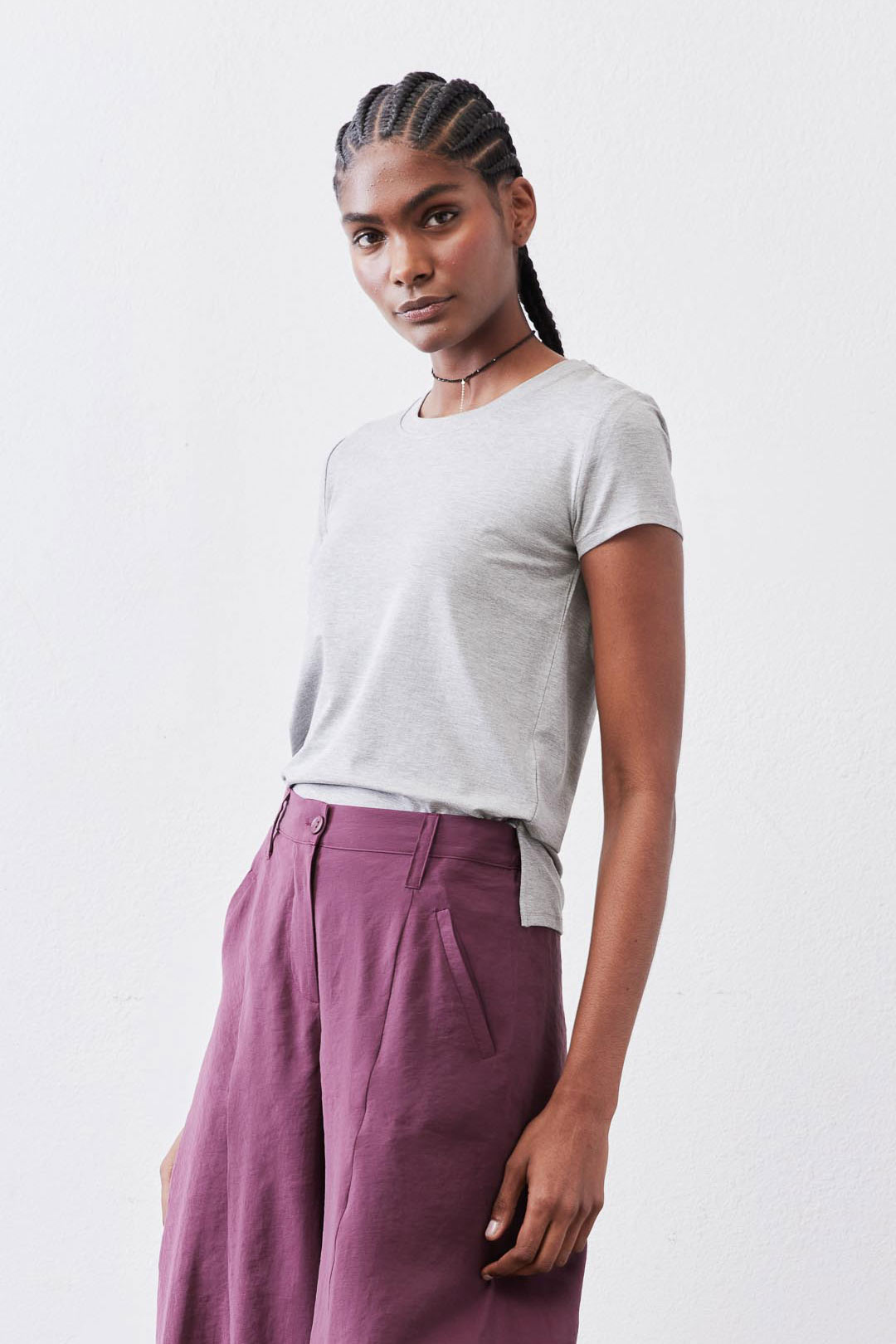 Gray short-sleeve crew neck tee in heather-gray, side view.