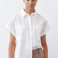 White short-sleeve poplin button-down blouse with patch pockets and pointed collar