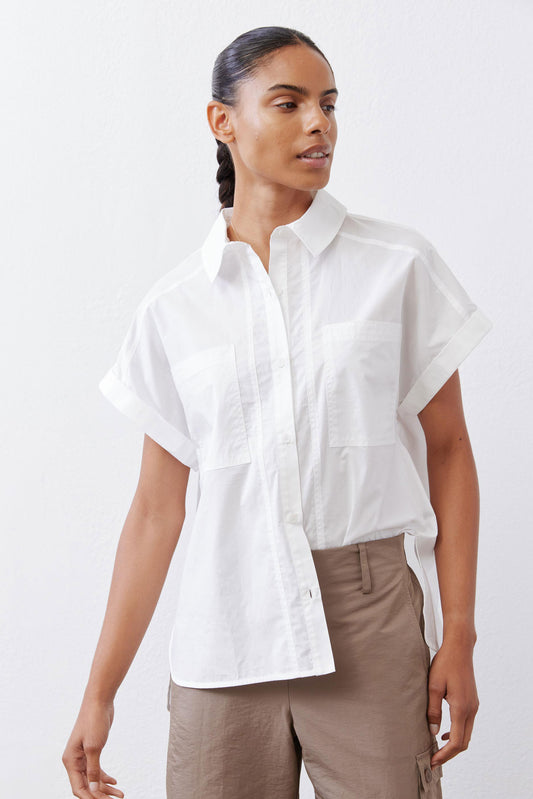 White short-sleeve button-down blouse with front placket and patch pocket