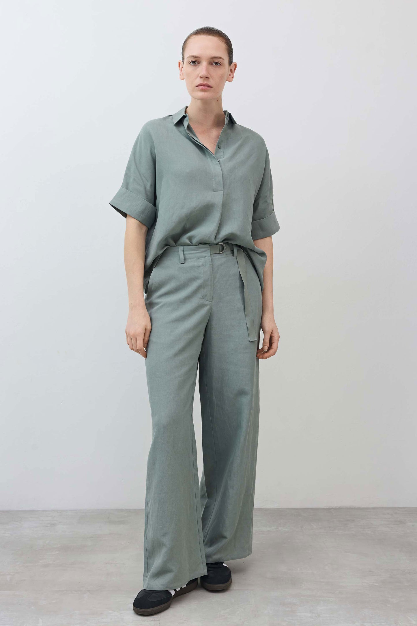 The Belted Wide Leg Silk Linen Trousers