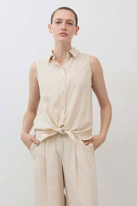 Oatmeal sleeveless button-down top with collar and front tie knot