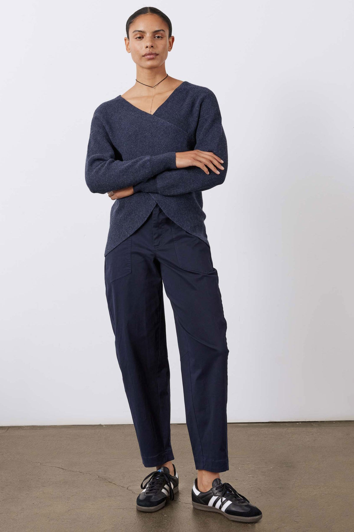Deep sea slouchy twill pants with relaxed straight fit and cuffed hems, front view
