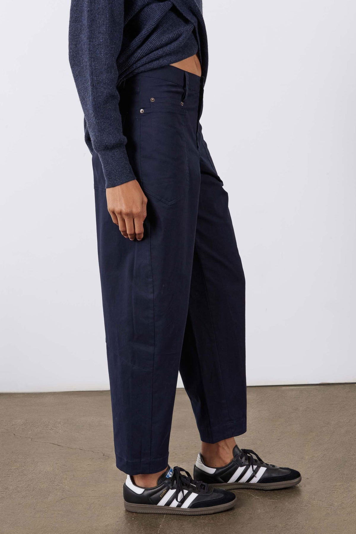 Deep sea slouchy twill pants with cuffed hems and straight leg silhouette, side view