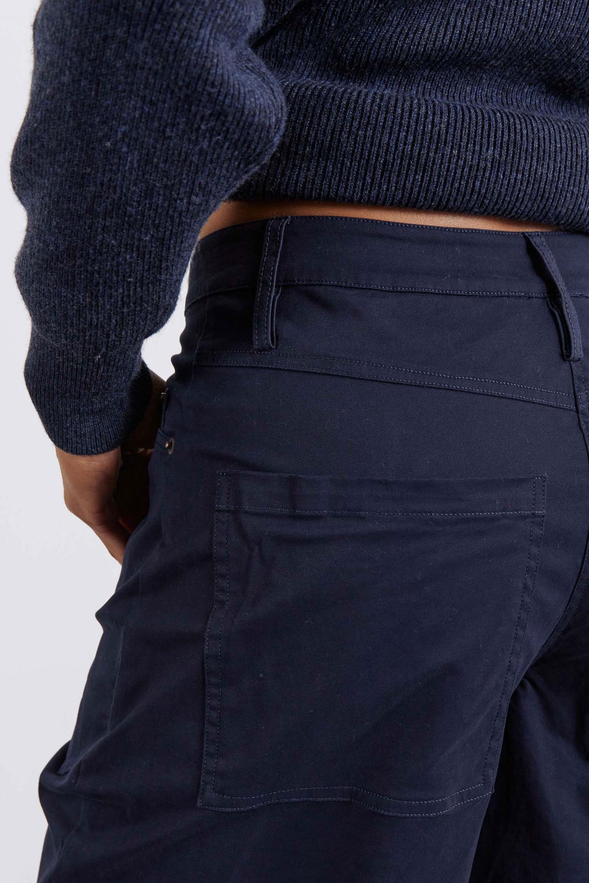 Deep sea twill pants with belt loops and patch pockets, close-up back view