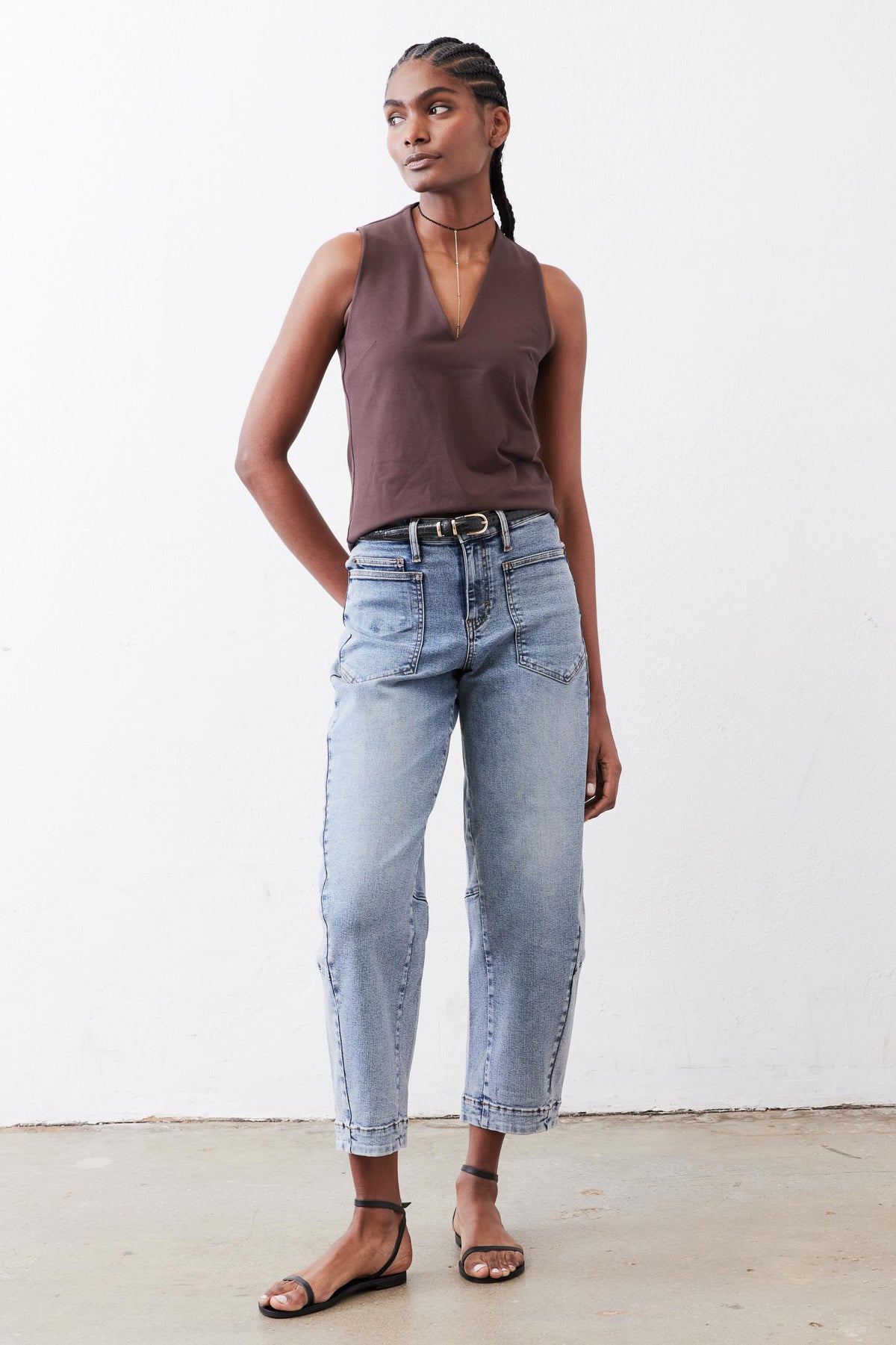 Light blue slouchy jeans with relaxed straight legs and stitched side seams