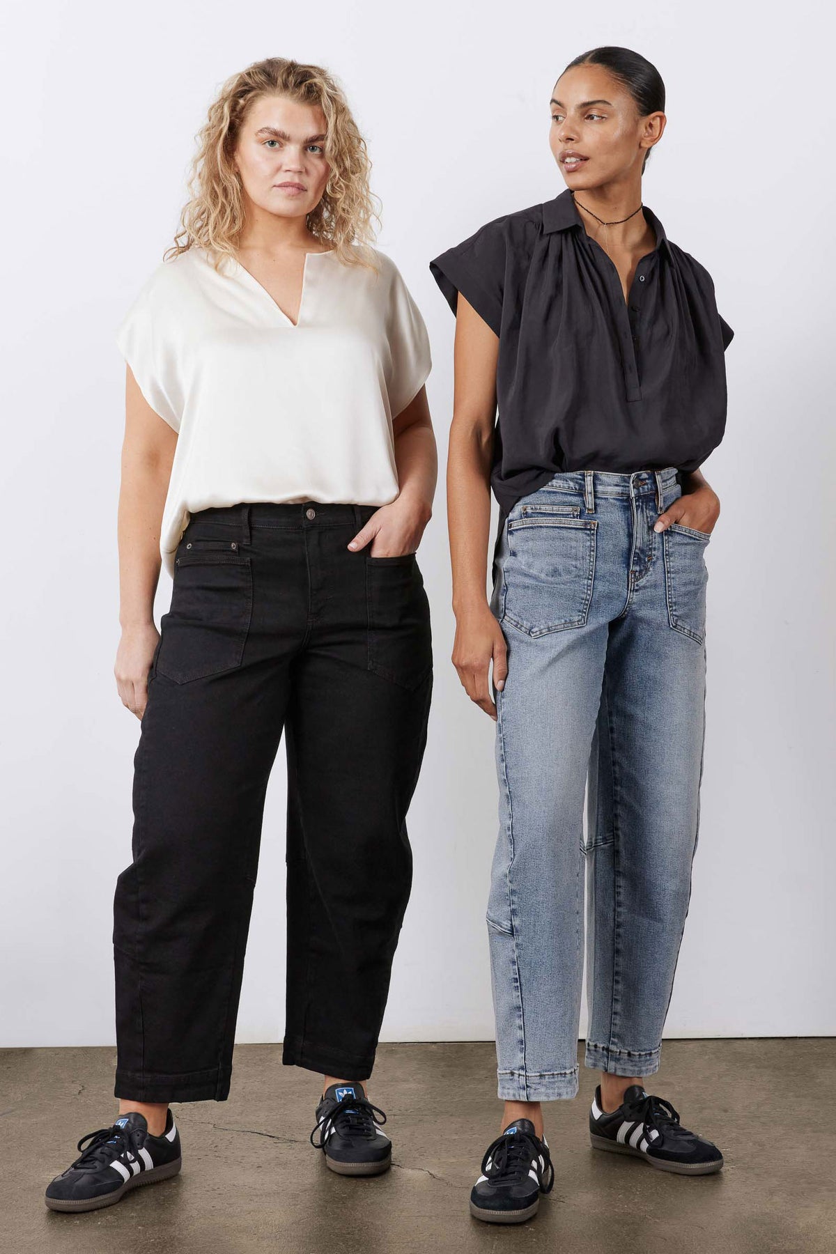 Pair of slouchy jeans in light blue with straight, relaxed fit and belt loops