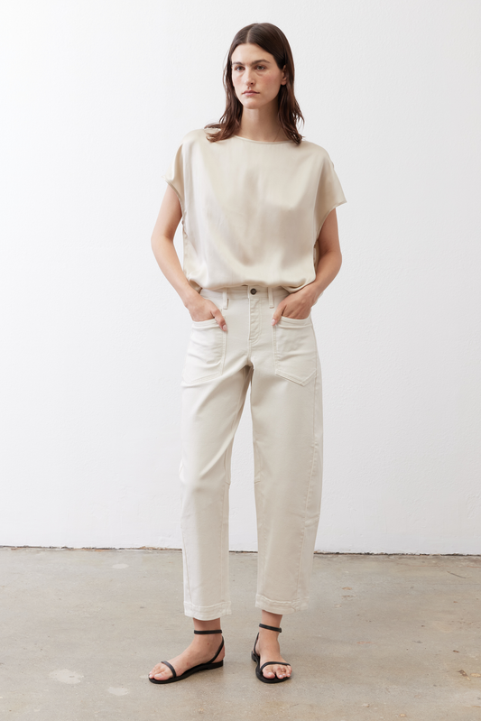 Vintage white wash slouchy jeans with button fly, patch pockets, relaxed fit