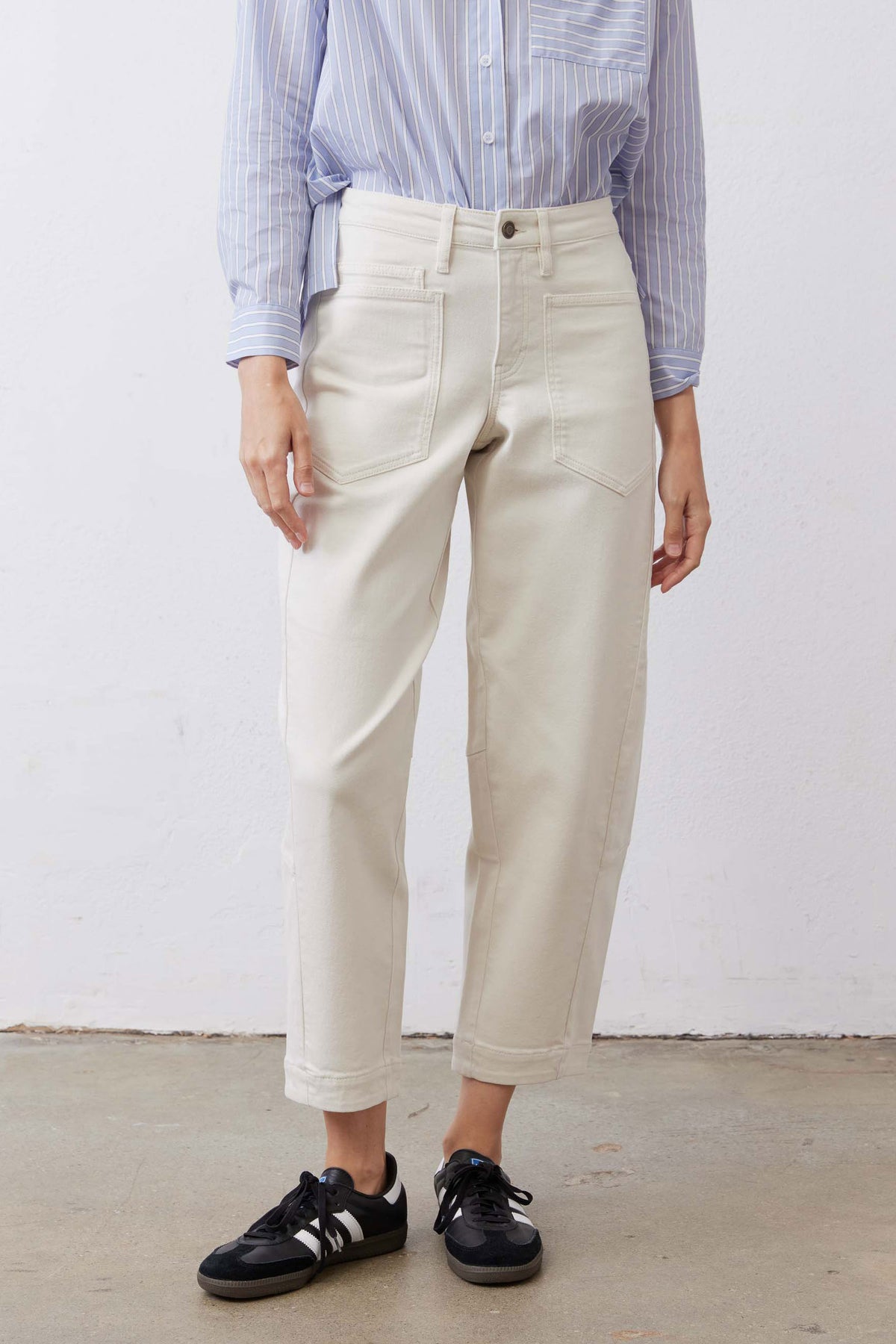 Petite slouchy jeans in vintage white wash; straight-leg ankle length with cuffed hem