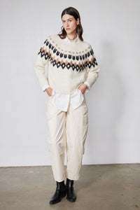 Ecru slouchy twill pants with drawstring tie waist and ankle-length relaxed fit