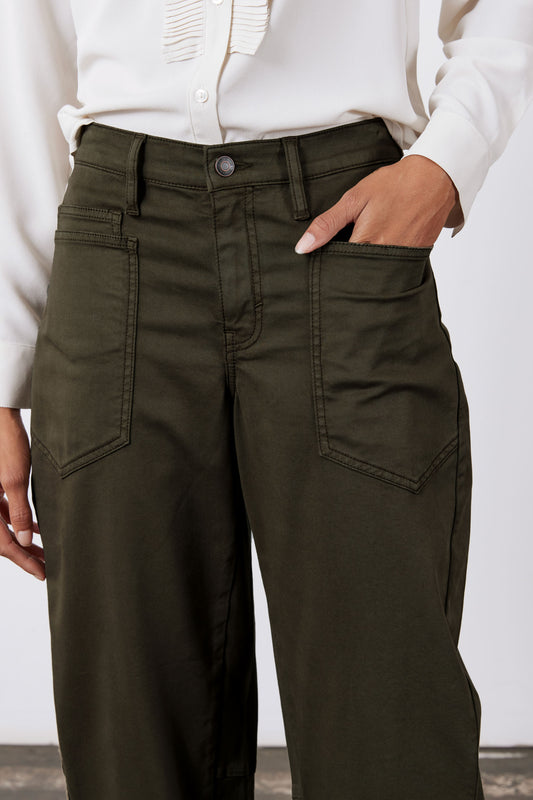 Forest-green twill pants with front button waistband and two flap cargo pockets