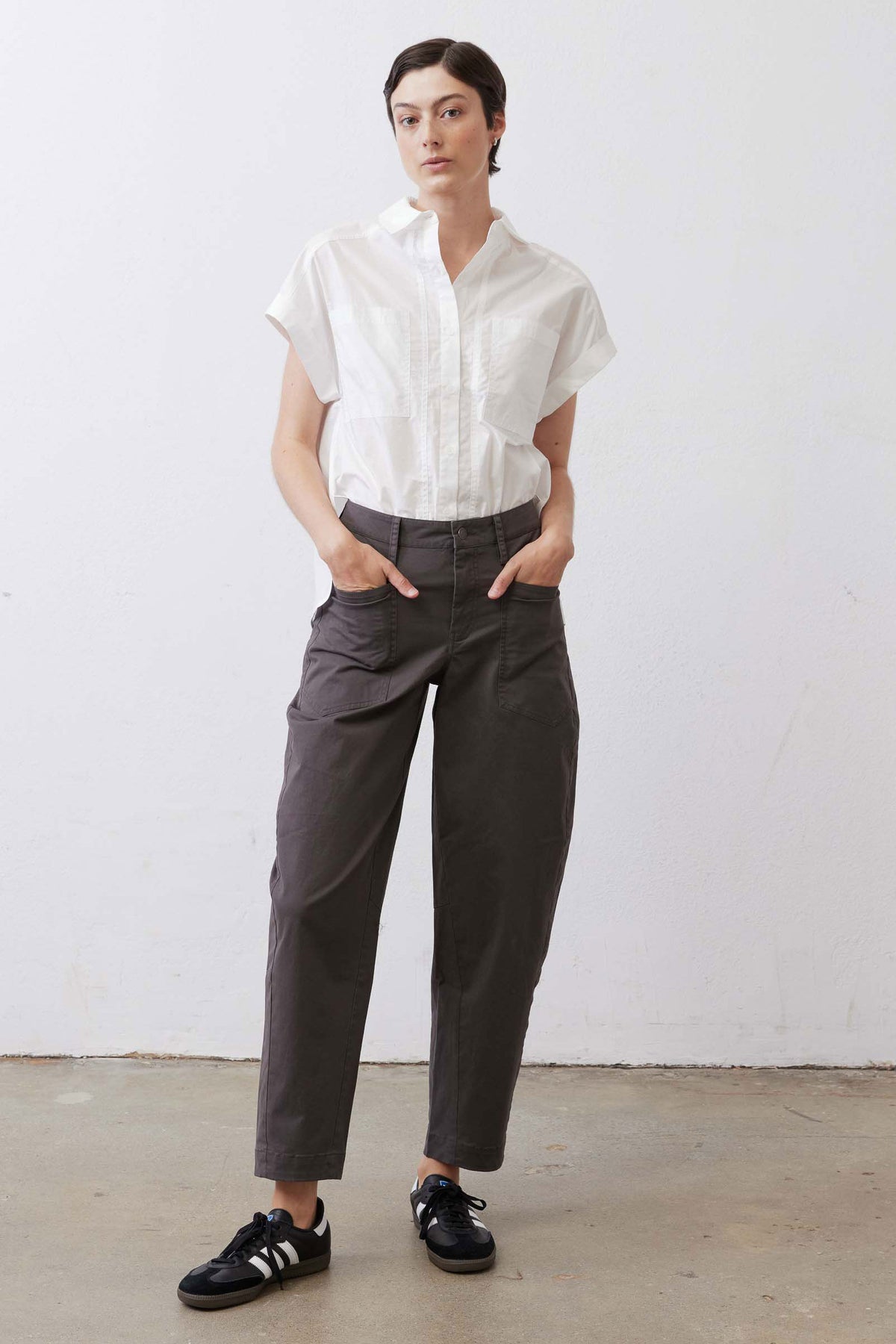 Slouchy soft twill pants dark charcoal-gray, mid-rise waist with belt loops and pockets