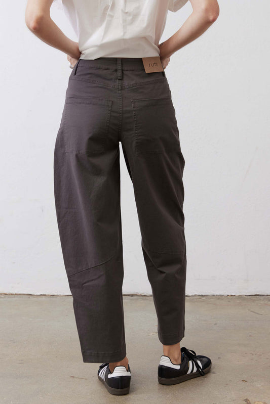 Charcoal twill pants back view with yoke and patch pocket detail